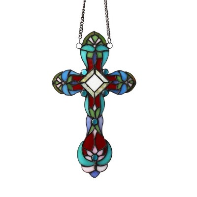 Victorian Tiffany-Style Stained Glass Cross Panel with Copper Chain