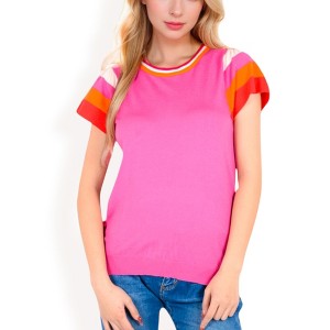 Anna-Kaci Women's Colorblock Knit Short Sleeve Top with Bold Striped Sleeves - 1 of 4