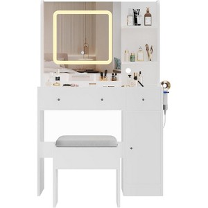Vanity Table and Stool with Mirror, Charging Station, Adjustable 3 Mode Lighting, 3 Drawers, Open Shelves, and Cabinet, White - 1 of 4