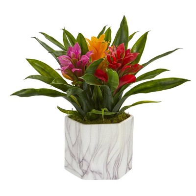Nearly Natural 11-in Bromeliad Artificial Plant in Marble Finished Vase