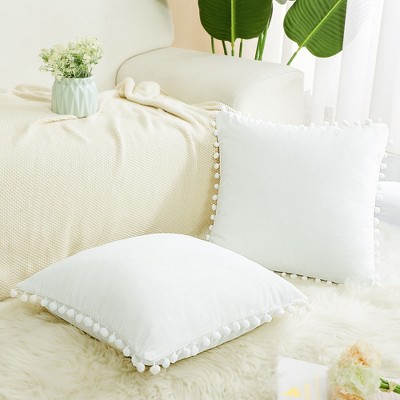 White on Rainbow Pom Poms Trim Throw Pillow Cover Cushion Canvas