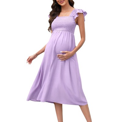 Maternity Dress - Shirred Flutter Cap Sleeve Square Neck Ruffle Midi Dress for Baby Shower Photography,Light Purple - 2XL