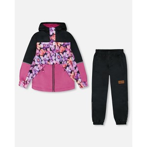 Deux par Deux Girl Two-Piece Mid-Season Outerwear Set Black with Pink and Orange Flowers - 10 Years - 1 of 4