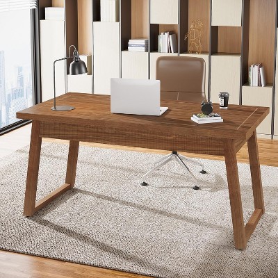 Vynxaria 55” Mid-Century Modern Executive Desk with Drawer, Solid Wood Writing Computer Desk for Home Office