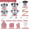Pretend Play Kitchen Toy Set, 32 Items Stainless Steel Pots Pans with Rack, Metal Utensils, Apron Play Food Basket - 2 of 4