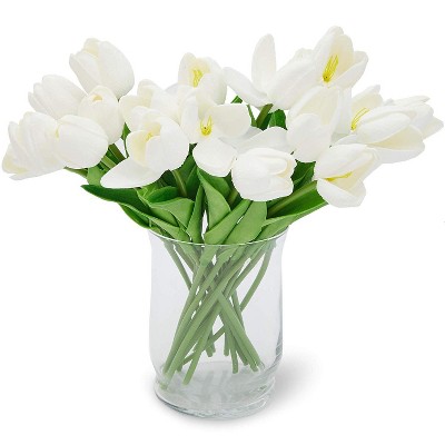 Juvale 20-Pack White PU Fabric Artificial Flowers Heads Tulips with Stem for Weddings, Crafts