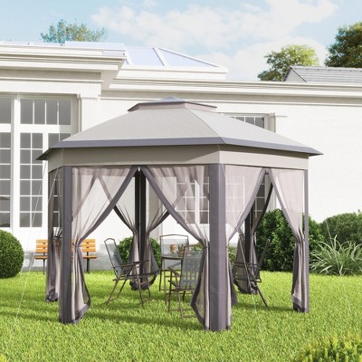 Hexagonal Coffee and Beige Steel Frame Pop-Up Gazebo with Mesh Netting