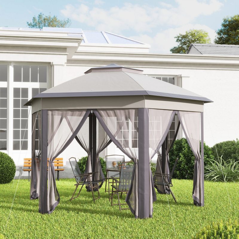 Outsunny 13' x 13' Pop Up Gazebo Hexagonal Canopy with 6 Zippered Mesh Netting, 2-Tier Roof Event Tent with Steel Frame for Patio Backyard, 4 of 10