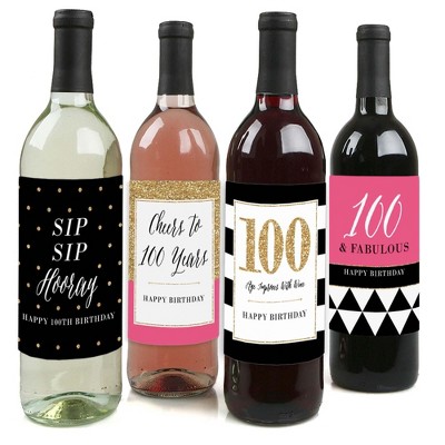 Big Dot of Happiness Chic 100th Birthday - Pink, Black and Gold - Birthday Gift For Women - Wine Bottle Label Stickers - Set of 4