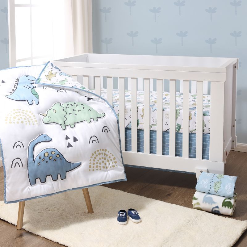The Peanutshell 5-Piece Blue Dino Baby Crib Bedding Set for Boys with Extra Sheet, Quilt and Blanket, 1 of 11