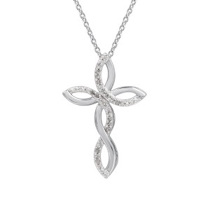 GILDED 1/10 Carat Total Weight Twist Cross Pendant Necklace in 925 Sterling Silver with Natural Diamond and Infinity, 18" Cable Chain - 1 of 4