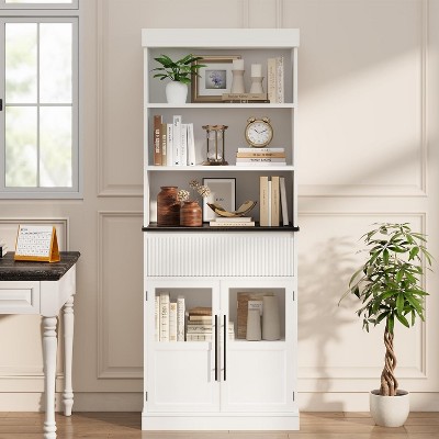 70" Kitchen Pantry Cabinet with Open Shelves, Fluted Drawer and Glass Doors, Wood Display Cabinet for Kitchen, Living Room White