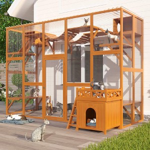 ORRD Outdoor Cat House & Window Box with Shelves, Natural Wood Cat Enclosure for Weather Protection, Includes Bonus Free Cat House, for Patio/Deck - 1 of 4