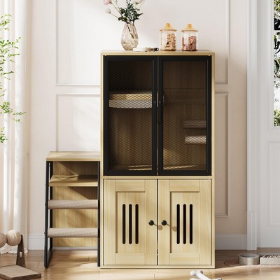 Cat Litter Box Furniture, Double Layer Enclosed Litter Box with Door, Cat House with Ladder