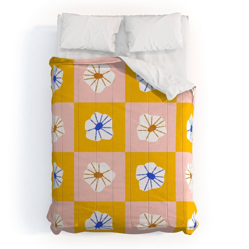 Deny Designs Maritza Lisa White Checkered Flowers Comforter Set Yellow, 1 of 4