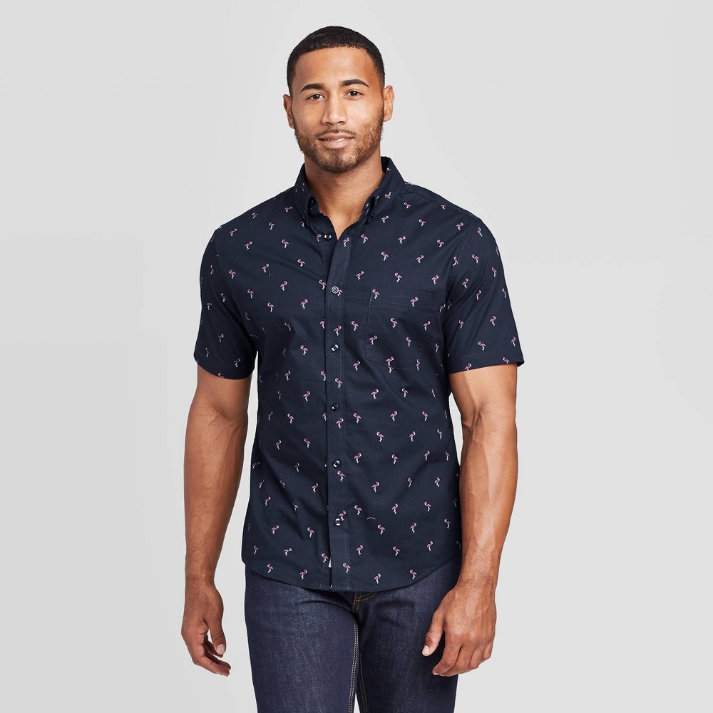 Men's Animal Print Slim Fit Short Sleeve Poplin Button-Down Shirt - Goodfellow & Co Navy L, Men's, Size: Large, Blue was $19.99 now $12.0 (40.0% off)