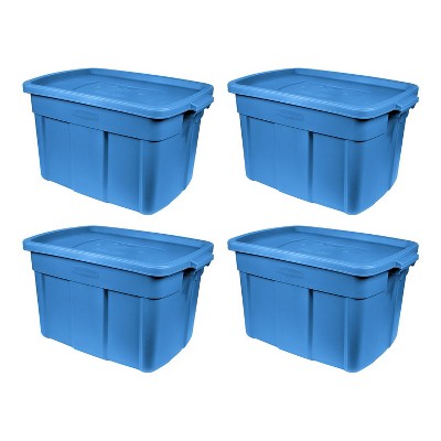 Rubbermaid Roughneck 25 Gallon Rugged Stackable Storage Container with Tight Lid for Indoor or Outdoor Home Organization, Heritage Blue (4 Pack)