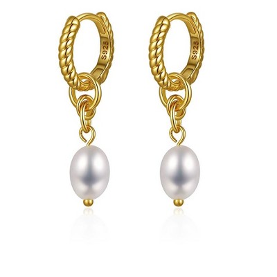 Molenia Pearl Earrings for Women, 14K Gold Plated 925 Sterling Silver Freshwater Pearl Dangle Drop Earrings Studs Jewelry