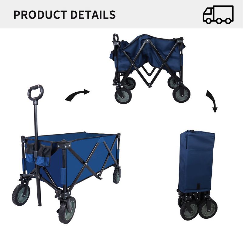 Heavy Duty Garden Cart 225LBS Capacity Heavy Duty Wagon Cart With 7" 360°Rotation Tires Adjustable Handle Foldable Wagon, Dark Blue, 4 of 9