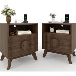 Set of 2 Fluted Wood Tall Nightstands w/ Charging Station - 2 Drawers + Shelf, Outlets & Feet for Bedroom, Living Room End Tables - 1 of 4