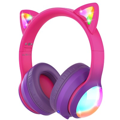 FosPower Kids Headphones, 5.2 Bluetooth Wireless Headphones for Kids with 3.5mm, Built-In Microphone, Led Light Up Cat Ears  - Hot Pink/Deep Purple