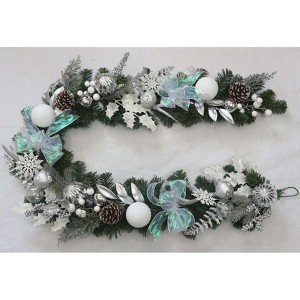 6ft Pre-Lit White Silver Christmas Garland with 20 LED Lights,Ball Ornaments,Ribbon Bow and Artificial Antlers for Mantle Stairs Fireplace Front Door - 1 of 4