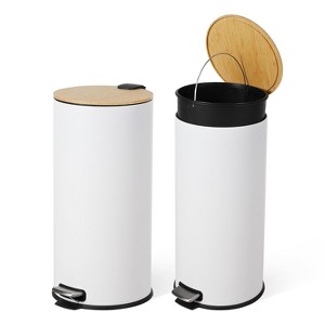 8 Gallon Step Trash Can with Bamboo Lid, Slim Round Stainless Steel, Soft-Close Pedal, Removable Inner Bucket, for Kitchen, Office, Bathroom - 1 of 4