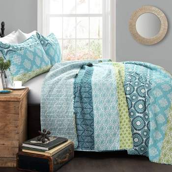 3pc Full/Queen Bohemian Stripe Reversible Oversized Cotton Quilt Bedding Set Blue/Green - Lush Décor