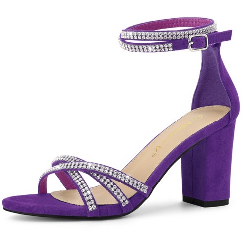 Allegra K Women's Rhinestones Strappy Chunky Heel Purple 7 : Target