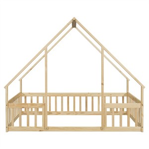 COWLOWN Full Size Wood House Floor Bed with Fence Guardrails, Play & Sleep Bed for Kids and Toddlers - 1 of 4