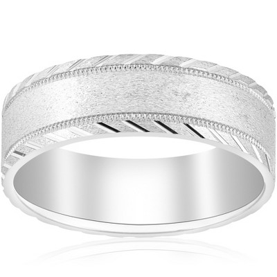 Pompeii3 10k White Gold Mens 7mm Wedding Ring Brushed With Cuts Comfort-Fit