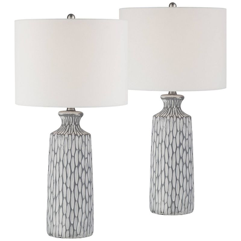 360 Lighting Patrick Modern Coastal Table Lamps Set of 26 1/4" High Gray White Wash Ceramic Drum Fabric Shade for Bedroom Living Room Nightstand Home, 1 of 10