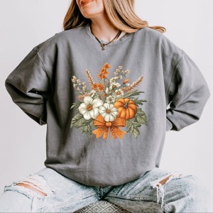 Simply Sage Market Coquette Orange Bow Fall Floral Lightweight Garment Dyed Sweatshirt - 1 of 3