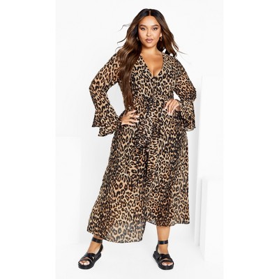 Women's Plus Size Plunge Frill Print Maxi Dress - leopard | CITY CHIC