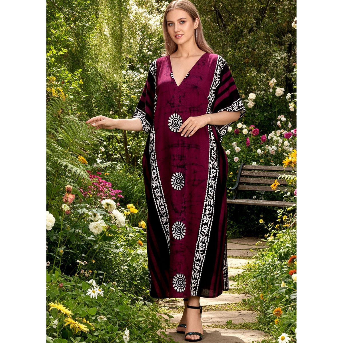 LA LEELA Summer Cotton Women Holiday Caftan Dress Resortwear Vacation Cruise Lounge Wear Flowy Relaxed Silhouette 2X-3X Red Floral - thumbnail 5