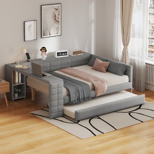 Whisen Wood Platform Bed with Storage Shelves, Drawers, Charging Station and Upholstered Headboard - 1 of 4
