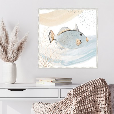Ocean Oasis Waves Blue Fish Canvas Wall Art with White Frame