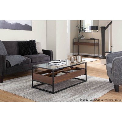Contemporary Black Steel and Walnut Wood Coffee Table with Clear Glass Top
