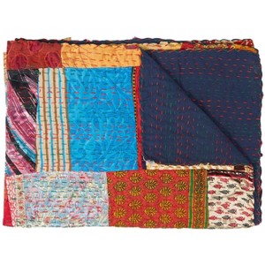 HomeRoots 50" X 70" Blue Red And Yellow Patchwork Silk Quilted Kantha Throw Blanket with Embroidery - 1 of 4