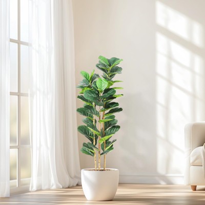 5 FT Faux Fiddle Leaf Fig Tree with White Tall Planter, Faux Trees with Artificial Plants 56 Fiddle Leaves Greenery