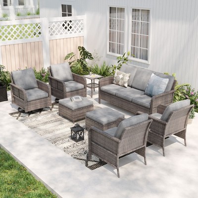 Sonkuki 8 Pieces Patio Sofa with Swivel Rocking Chairs Set, All-Weather PE Rattan Conversation Couch with Cushion