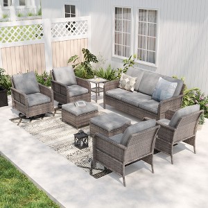Sonkuki 8 Pieces Patio Sofa with Swivel Rocking Chairs Set, All-Weather PE Rattan Conversation Couch with Cushion - 1 of 4
