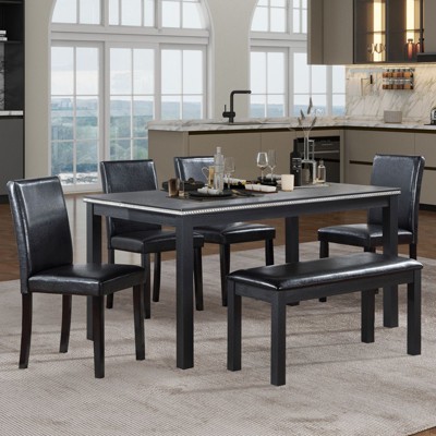NicBex Dining Table Set for 6 Morden Kitchen Table with Wooden Tabletop, 1 Bench and 4 PU Chairs for Dining Room