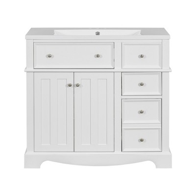 Vynxaria 36" White Modern Bathroom Storage Cabinet with Resin Sink and Ample Drawers