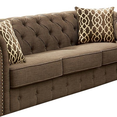 Aurelia Brown Tufted Linen Sofa with Rolled Arms