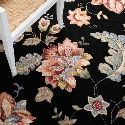 Black Floral Hand-Knotted Wool Oval Area Rug