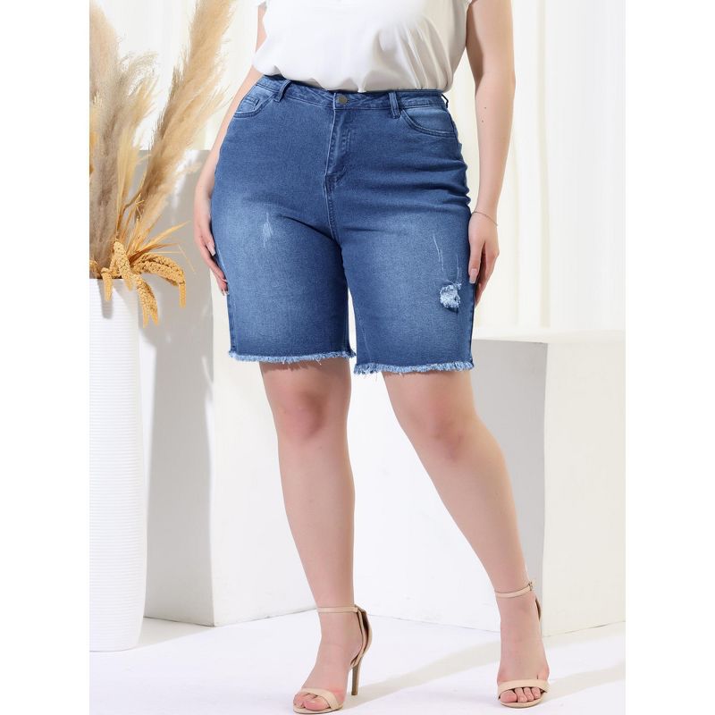 Agnes Orinda Women's Plus Size Denim Mid Rise Ripped Frayed Bermuda Jean Shorts, 4 of 7
