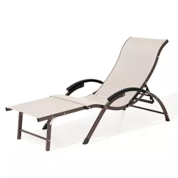 Outdoor Aluminum Adjustable Chaise Lounge with Armrests - Off-White - Crestlive Products