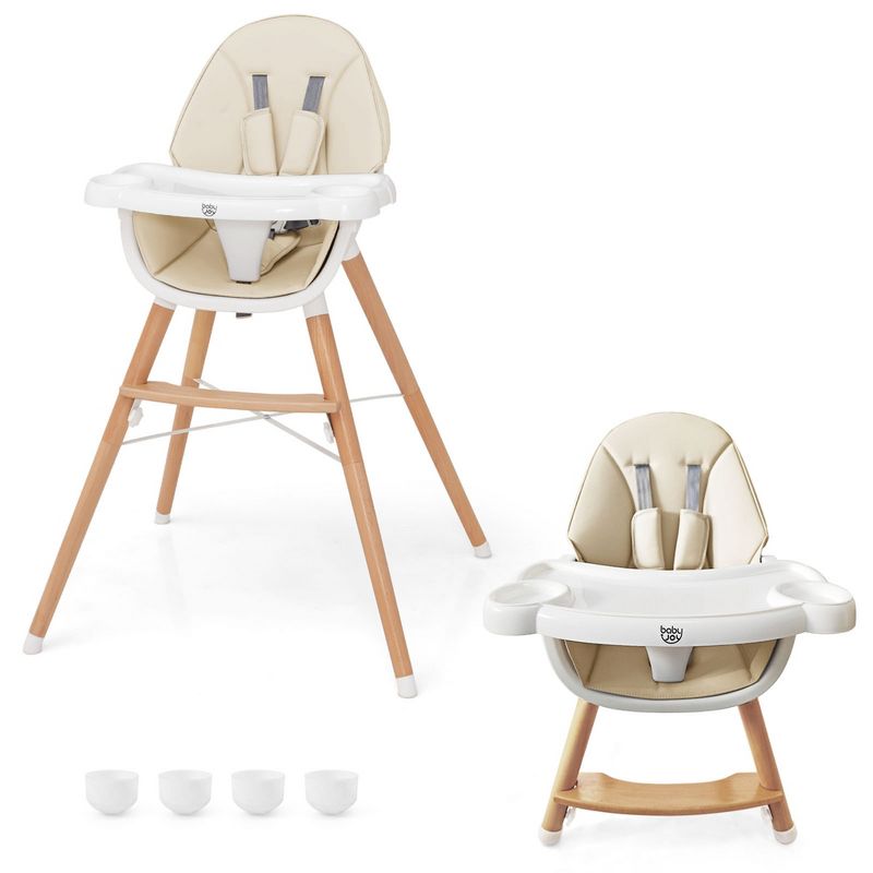 Babyjoy Baby High Chair Wooden Feeding Chair with 4-Gear Tray & Removable Cushion Beige/Grey, 1 of 10
