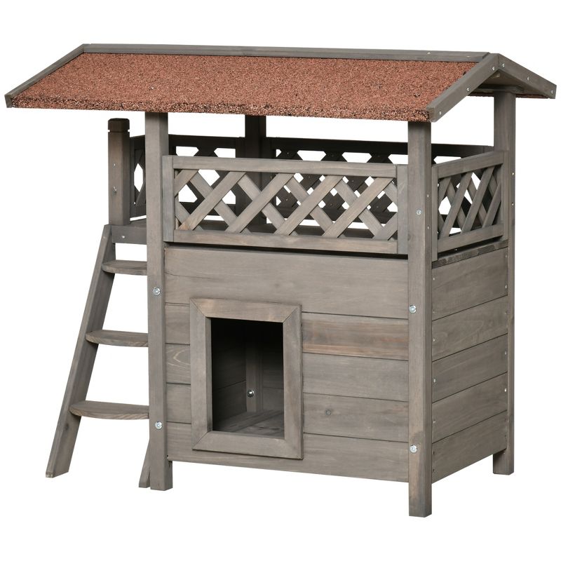 PawHut Outdoor Cat House, 2-Story Shelter for Feral Cats, Wooden Kitten Condo with Asphalt Roof, Stairs, Balcony, 30"x20"x29", Light Gray, 4 of 9